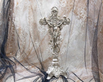 Prachtig Frans Antiek 19e Eeuws Kruisbeeld of Kruis met Jezus - zeer decoratief stuk