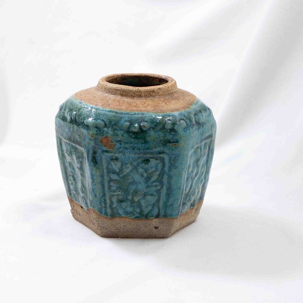 Beautiful large, rustic, antique green glazed Chinese ginger jar, green stoneware hexagonal pot, small Asian Shiwan pottery vase