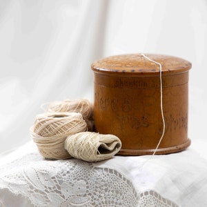 Lovely English Antique Wooden Yarn Bowl with text "Here's The String" - very decorative item