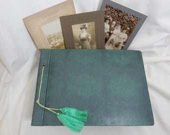 Beautiful French antique photo album with lovely green cover with tassels - excellent condition - never used - black pages