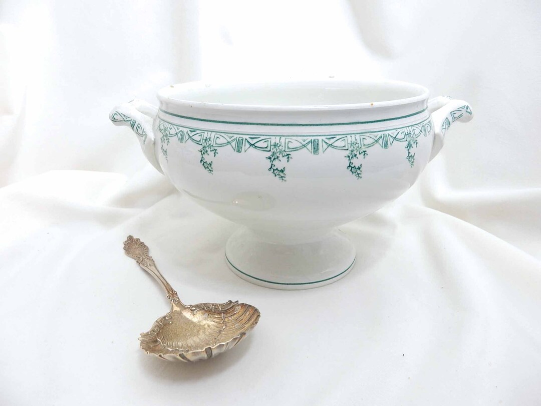 Large Antique French Terrine With Beautiful Stylish Green Transfer