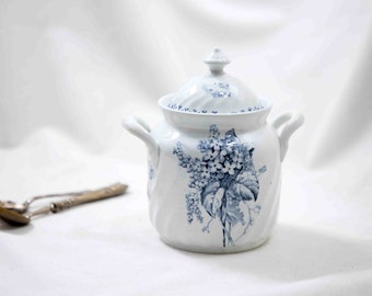 Beau pot à sucre ancien hollandais du XIXe siècle avec de belles décorations bleues de fleurs - impression par transfert - en parfait état