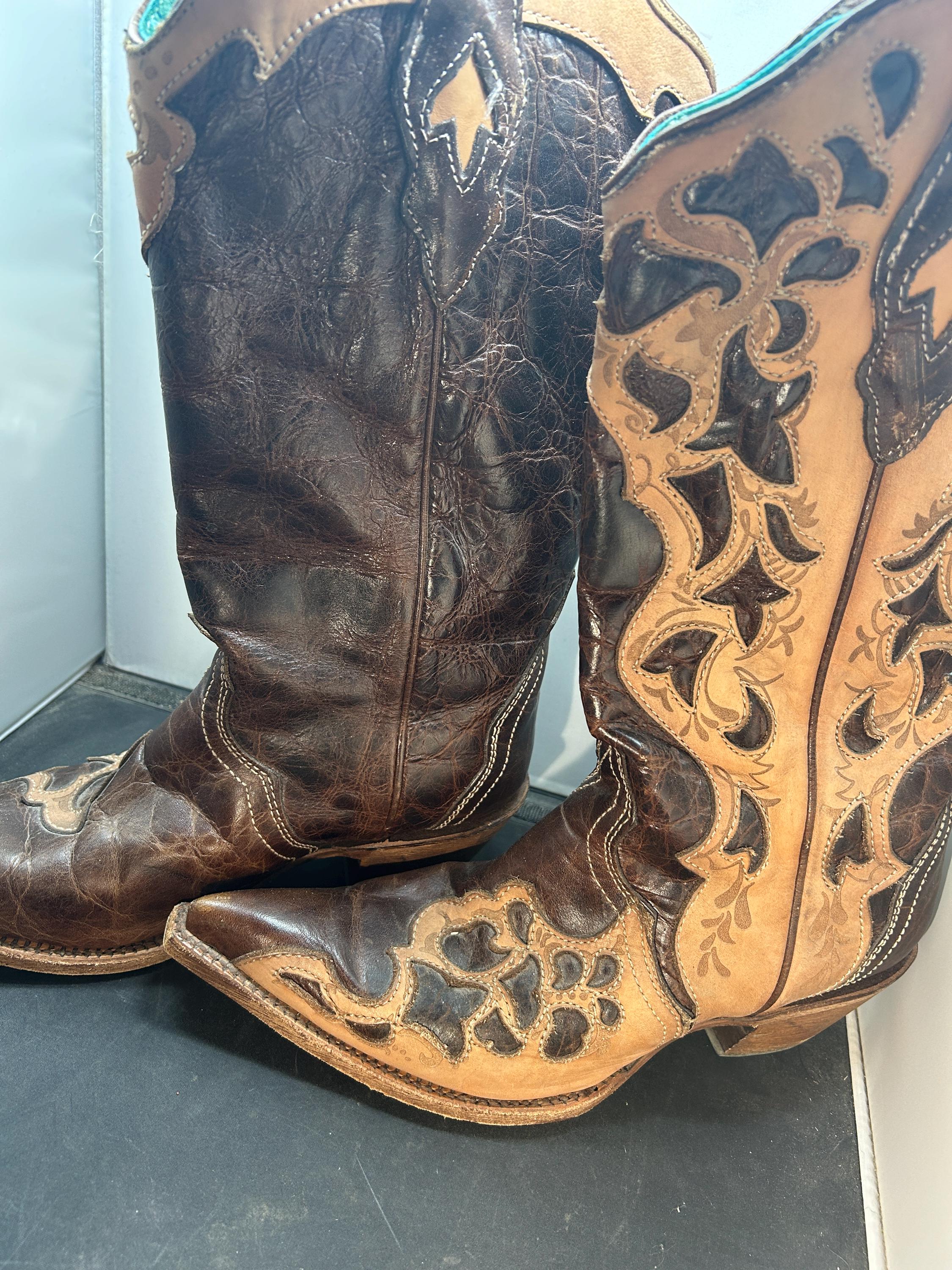 Bottes Talon 4.5cm Bottes Cowboy Corral Pour Femme - Cuir Véritable Marron - Talon 4,5 Cm - Tige 34 Cm Chaussures Country