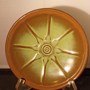 Vintage Frankoma Wagon Wheel Prairie Green and brown Small Plate, Saucer 5 1/4 in.  #94E