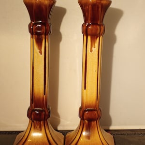 Vintage ceramic brown drip glazed candlestick holders 11&quot; tall