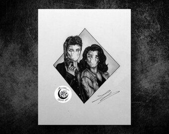 May include: Black and white drawing of two people with their faces obscured. The people are standing in a diamond shape. The drawing is signed in the bottom right corner.