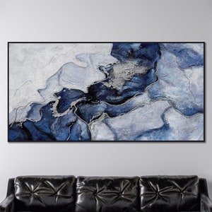 3D Blue and Silver Glitter Abstract Canvas Wall Art 48X36inch 100% Hand-painted Geode Marble Textured Painting for Living Room Bedroom Large Modern Blue Gray Home Decor LINXIN Ready to Hang