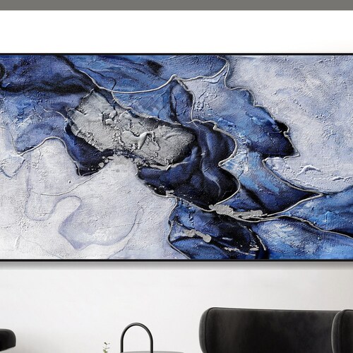 Navy Blue and Silver Marble Abstract Wall Art Canvas Painting Etsy