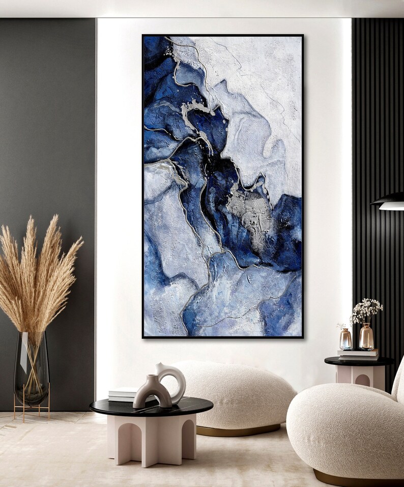 Navy Blue and Silver Marble Abstract Wall Art Canvas Painting Etsy