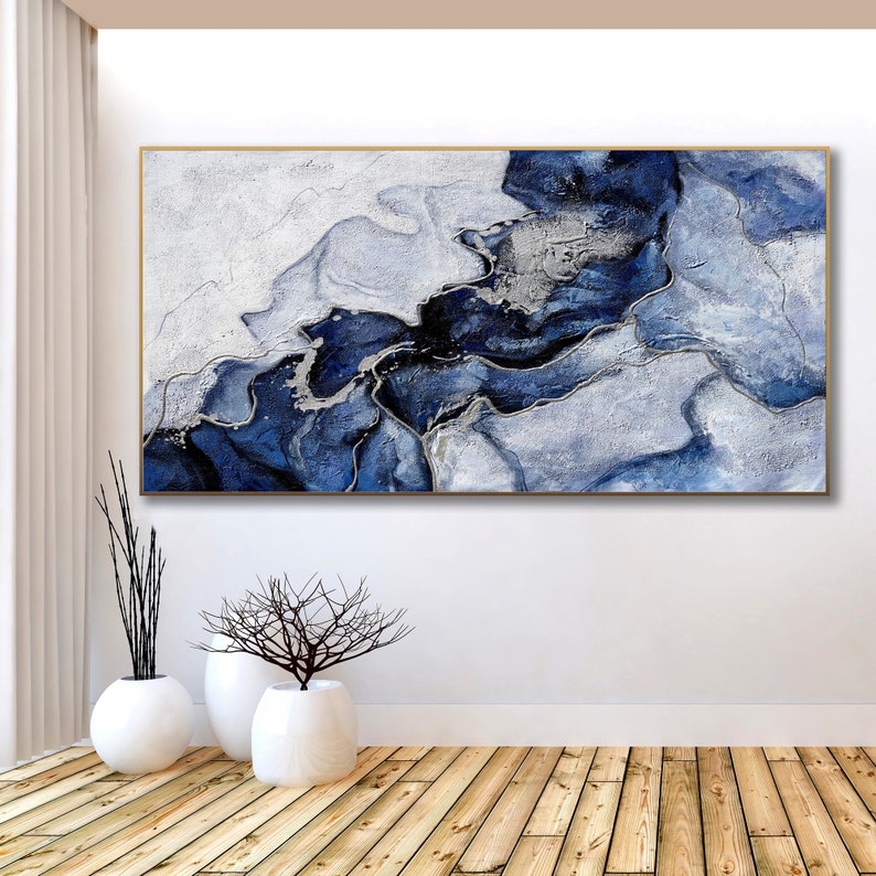 Navy Blue and Silver Marble Abstract Wall Art Canvas Painting Etsy