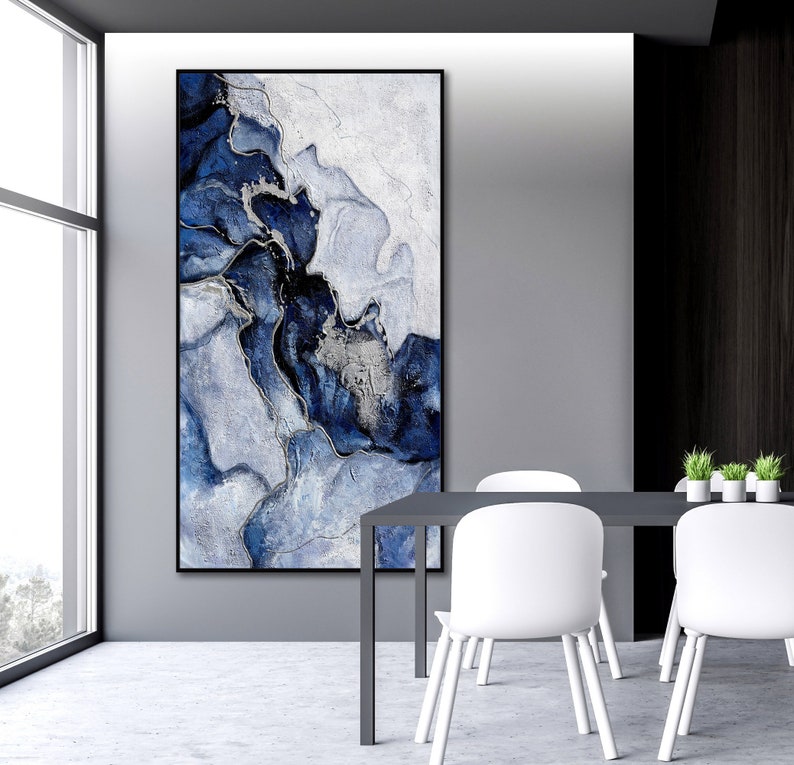Navy Blue and Silver Marble Abstract Wall Art Canvas Painting Etsy