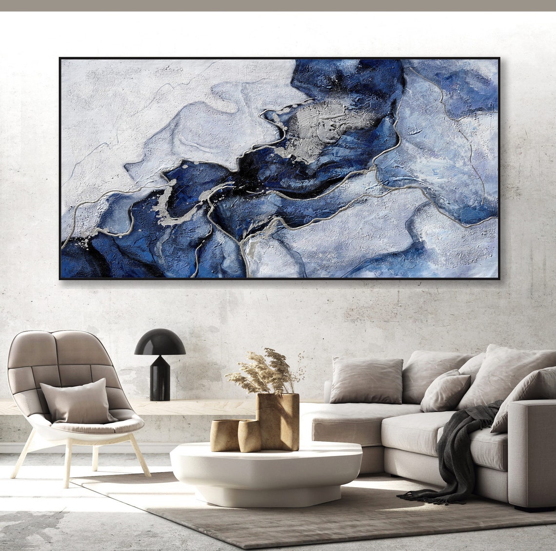 Navy Blue and Silver Marble Abstract Wall Art Canvas Painting Etsy