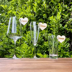 Place sign heart name plate placeholder to hang in glasses wedding birthday celebration personalizable