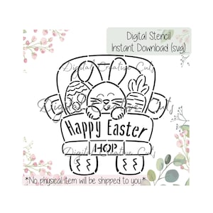 Puede incluir: Stencil digital en blanco y negro de un conejo sentado en un carro con el texto "Happy Easter Hop".