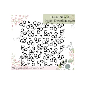 May include: A digital stencil design featuring a repeating pattern of black circles and hearts on a white background. The text "Digital Stencil Instant Download (svg)" is displayed. The words "Digital Creative Cuts" are also present.