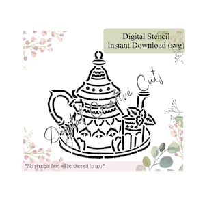 May include: Black and white digital stencil of a teapot with a floral design. The stencil is for instant download and is in SVG format.