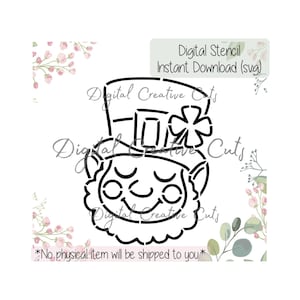 May include: Black and white line art digital stencil of a leprechaun's face with a hat and a shamrock.  Digital Stencil Instant Download (svg).