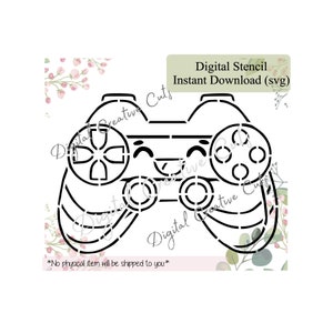 May include: Black outline of a smiling video game controller stencil with a D-pad, buttons, and handles. Text reads "Digital Stencil Instant Download (svg)" and "No physical item will be shipped to you."