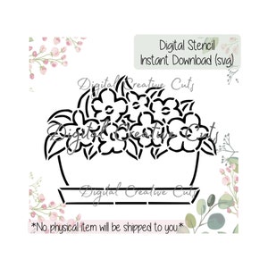Puede incluir: Esténcil digital en blanco y negro de una planta en maceta con flores. El esténcil se puede descargar instantáneamente en formato SVG. El texto "Digital Creative Cuts" aparece en la imagen.