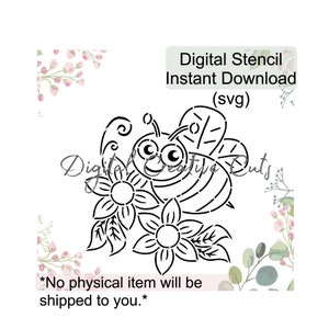 May include: Black and white digital stencil design of a bee with large eyes and a flower. The text "Digital Stencil Instant Download (svg)" is at the top of the image.