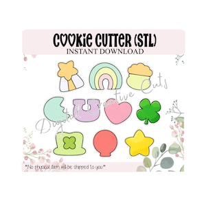 May include: A collection of colorful cookie cutter designs, including a rainbow, heart, star, and shamrock. The text "COOKIE CUTTER (STL) INSTANT DOWNLOAD" is at the top. The bottom text reads "*No physical item will be shipped to you*".