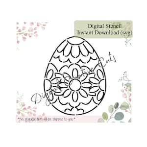 Puede incluir: Stencil digital en blanco y negro de un huevo con un diseño floral. El texto "Digital Stencil Instant Download (svg)" está en la parte superior de la imagen.