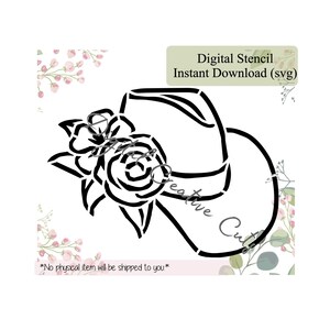 Peut inclure: Pochoir numérique noir et blanc d'un chapeau avec une fleur sur le dessus. Le texte "Digital Stencil Instant Download (svg)" est en haut de l'image.
