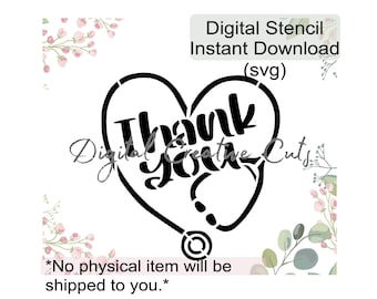 May include: Black and white digital stencil design of a stethoscope in the shape of a heart with the text "Thank You".