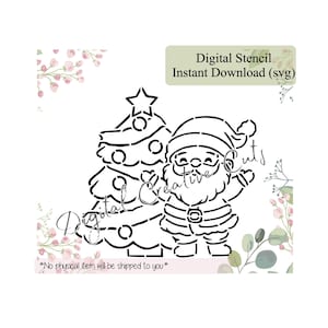 May include: Black and white digital stencil featuring a Christmas tree and Santa Claus. The image includes the text "Digital Stencil Instant Download (svg)" and "*No physical item will be shipped to you*".