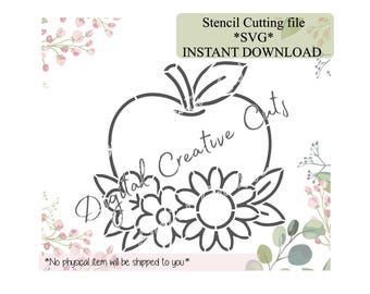 Back to school floral apple PYO Paint your own cookie stencil Digital Instant download SVG cutting file Personal use only.