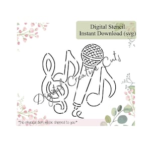 Pode incluir: Design de estêncil digital em preto e branco com um microfone, notas musicais e uma clave de sol. O texto diz "Digital Stencil Instant Download (svg)" e "No physical item will be shipped to you."