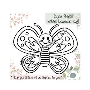 May include: A black and white digital stencil of a butterfly with a striped body and dotted wings. The text "Digital Stencil Instant Download (svg)" is at the top of the image. The text "*No physical item will be shipped to you*" is at the bottom of the image.