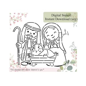 Può includere: Un disegno di stencil digitale in bianco e nero con una scena della natività. L'immagine include Giuseppe, Maria e Gesù bambino in una mangiatoia. Il testo sull'immagine recita "Digital Stencil, Instant Download (svg)" e "*No physical item will be shipped to you*".