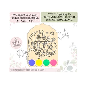 May include: A digital download STL file for a 3D printed cookie cutter of a lantern with flowers and stars. The cutter is 4 inches, 4.25 inches, and 4.5 inches in size. The image shows a preview of the cutter with a color palette of blue, yellow, green, and pink.