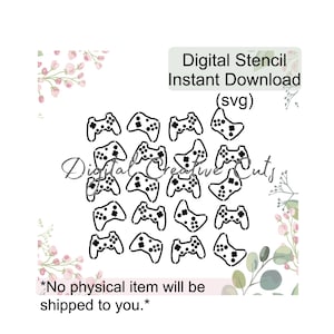 May include: A digital stencil design featuring 18 black and white gamepad icons. The design is labeled "Digital Stencil Instant Download (svg)".