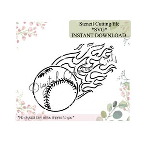 Puede incluir: Archivo SVG de descarga digital en blanco y negro de una pelota de béisbol en llamas. El archivo es para cortar plantillas.