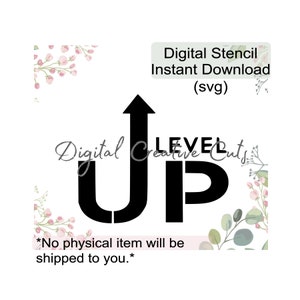 Puede incluir: Diseño de plantilla digital en blanco y negro de una flecha apuntando hacia arriba con la palabra "LEVEL UP" en negrita. El diseño está sobre un fondo blanco con acentos florales.