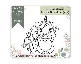 Valentine's day unicorn PYO cookie stencil Digital download SVG cutting file and PNG Personal use only. tb047