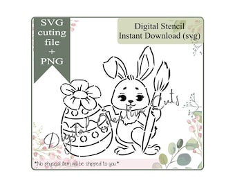Easter bunny painting an egg PYO cookie stencil Digital download SVG cutting file and PNG Personal use only. TB259