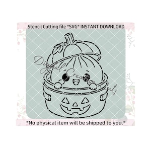 May include: A black digital stencil cutting file featuring a cute character inside a jack-o'-lantern pumpkin bucket. The text reads Stencil Cutting file *SVG* INSTANT DOWNLOAD and *No physical item will be shipped to you.* The design has a distressed texture.