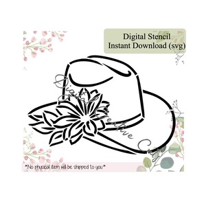 Peut inclure: Un motif de pochoir numérique en noir et blanc d'un chapeau de cowboy avec une fleur sur le côté. Le texte "Digital Stencil Instant Download (svg)" est en haut de l'image.