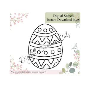 May include: Black and white digital stencil of an Easter egg with a geometric pattern. The text "Digital Stencil Instant Download (svg)" is at the top of the image.