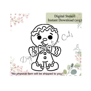 Puede incluir: Plantilla digital de hombre de jengibre en blanco y negro con el texto "Digital Stencil Instant Download (svg)". La imagen también incluye el texto "*No physical item will be shipped to you.*" y detalles florales.