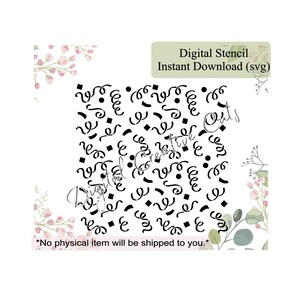 May include: Black and white digital stencil featuring a repeating pattern of swirls, dots, and squares. The text "Digital Stencil Instant Download (svg)" is at the top of the image. The text "*No physical item will be shipped to you.*" is at the bottom of the image.