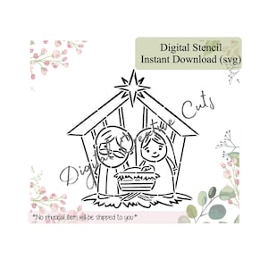Può includere: Stencil digitale in bianco e nero di un presepe, con Maria, Giuseppe e Gesù bambino in una mangiatoia sotto una stella. Il testo recita "Digital Stencil Instant Download (svg)" e "*No physical item will be shipped to you*."