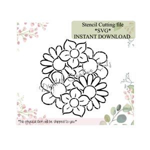 May include: Black and white floral stencil design. The image includes the text "Stencil Cutting file *SVG* INSTANT DOWNLOAD" and "Digital Creative Cuts". The text "*No physical item will be shipped to you*" is also included.