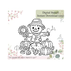 May include: Black and white digital stencil design featuring a scarecrow holding a sunflower, with pumpkins and leaves. The text "Digital Stencil Instant Download (svg)" is displayed. The text "*No physical item will be shipped to you*" is also displayed.