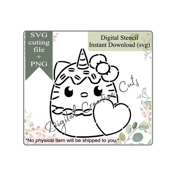 Valentine's day unicorn kitten plush PYO cookie stencil Digital download SVG cutting file and PNG Personal use only. tb024