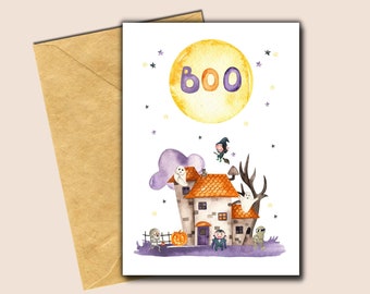 Printable Halloween Card, Printable Cards, Haunted House, Watercolor Halloween Card, Watercolor Card, Greeting Cards, Boo Halloween Card,