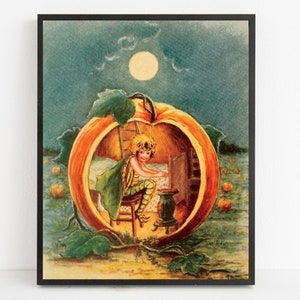 Vintage pompoenpatch print, vintage illustratie, herfst kunst aan de muur, retro Halloween, vintage sprookje afdrukbaar, digitale download